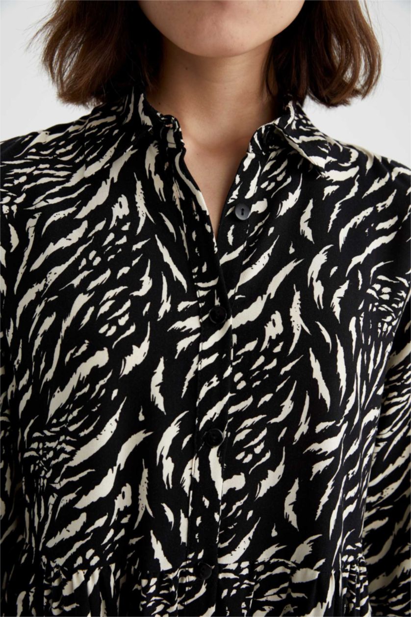 حريمي أسود فستان قصير مطبوع بكم طويل برقبة قميص