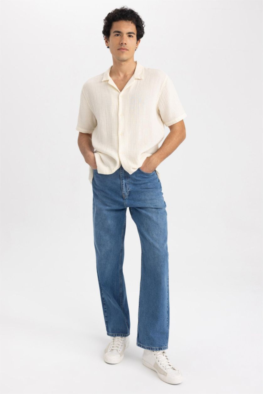 Erkek Mavi Baggy Fit Geniş Kalıp Normal Bel Geniş Paça Jean Pantolon