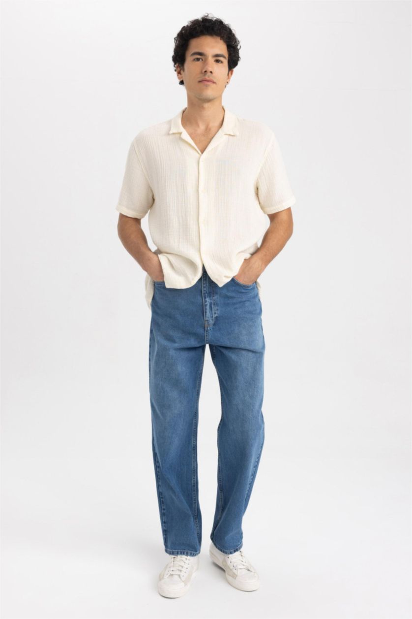 Erkek Mavi Baggy Fit Geniş Kalıp Normal Bel Geniş Paça Jean Pantolon