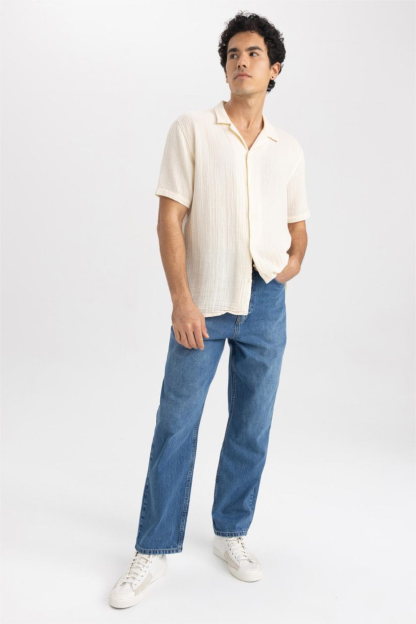 Erkek Mavi Baggy Fit Geniş Kalıp Normal Bel Geniş Paça Jean Pantolon