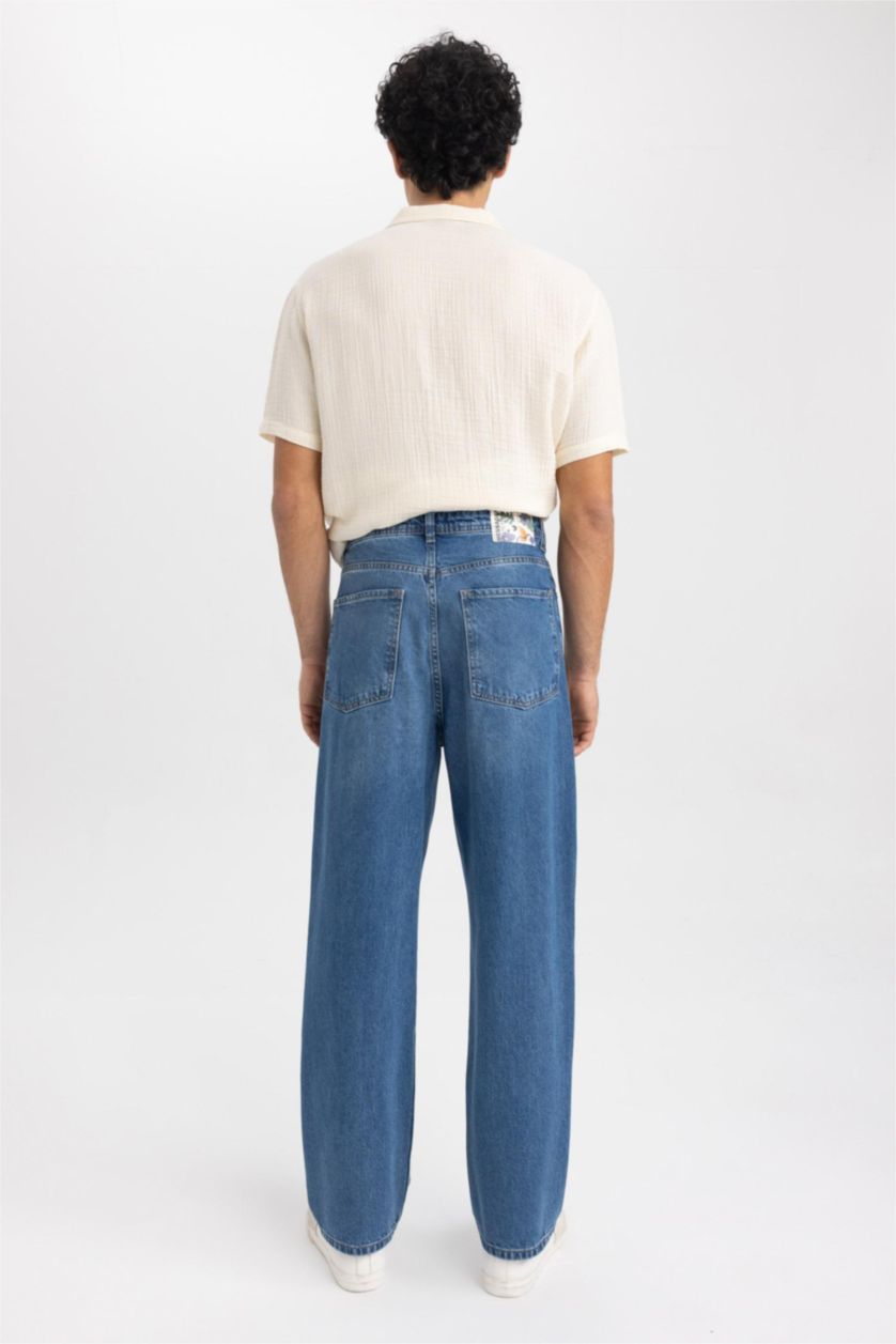 Erkek Mavi Baggy Fit Geniş Kalıp Normal Bel Geniş Paça Jean Pantolon