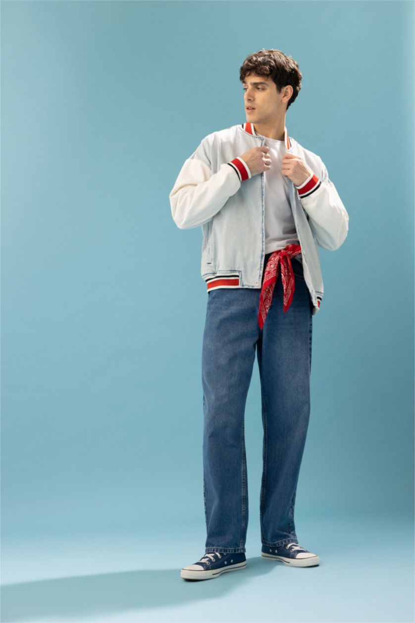 Erkek Mavi Baggy Fit Geniş Kalıp Normal Bel Geniş Paça Jean Pantolon