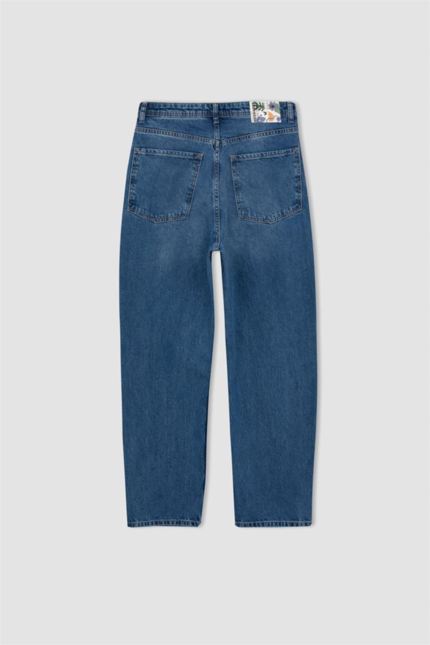 Erkek Mavi Baggy Fit Geniş Kalıp Normal Bel Geniş Paça Jean Pantolon