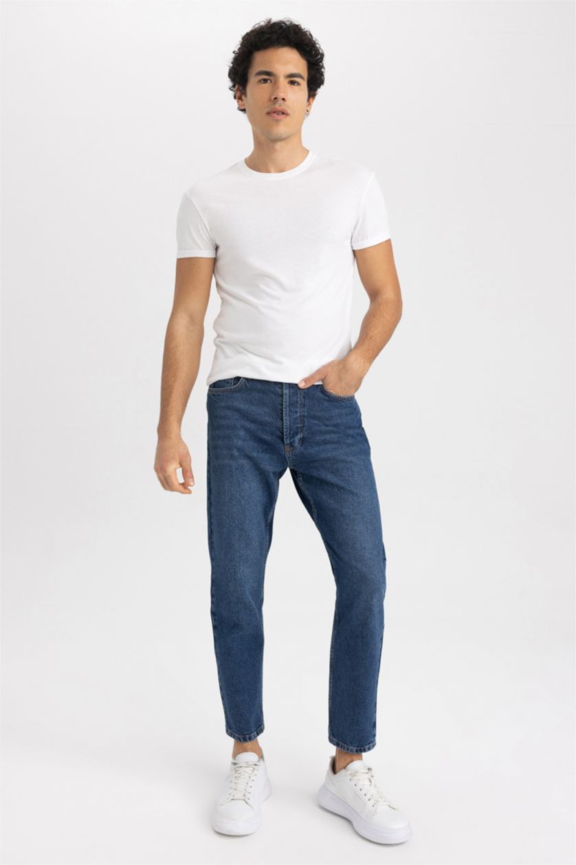 HOMME Bleu Foncé Pantalon Jean Coupe Slım Des Années 90 Ourlet étroit