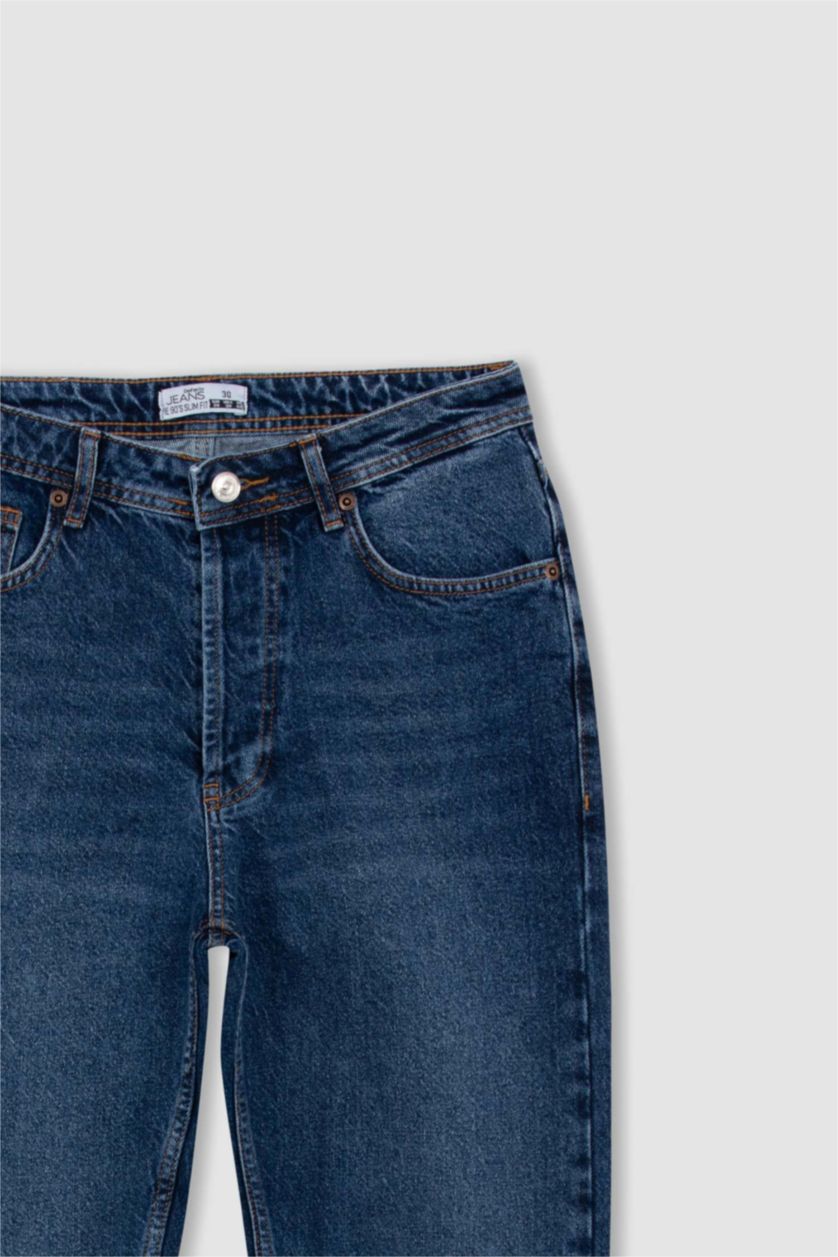 HOMME Bleu Foncé Pantalon Jean Coupe Slım Des Années 90 Ourlet étroit