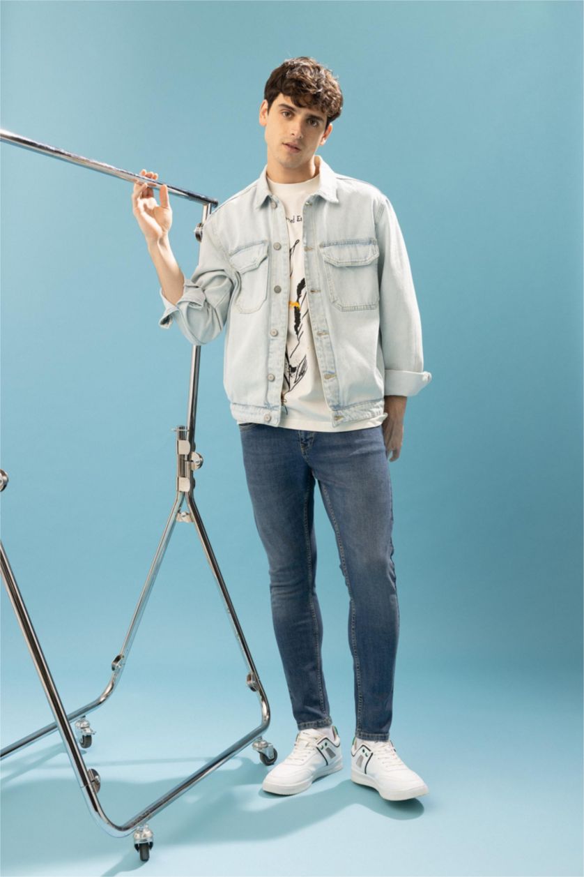 رجالي أزرق ثلجي جاكيت جينز قصة مريحة