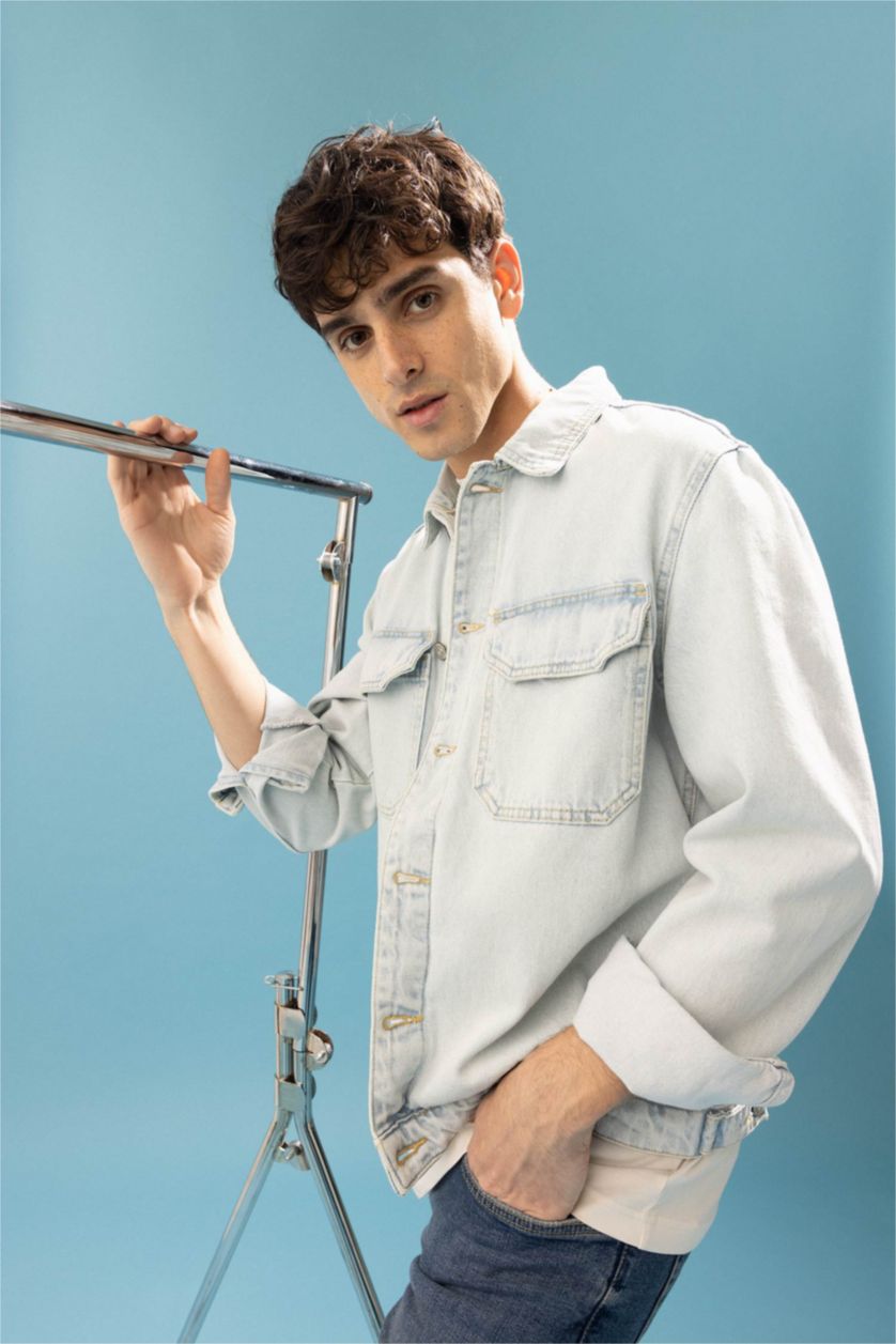 رجالي أزرق ثلجي جاكيت جينز قصة مريحة