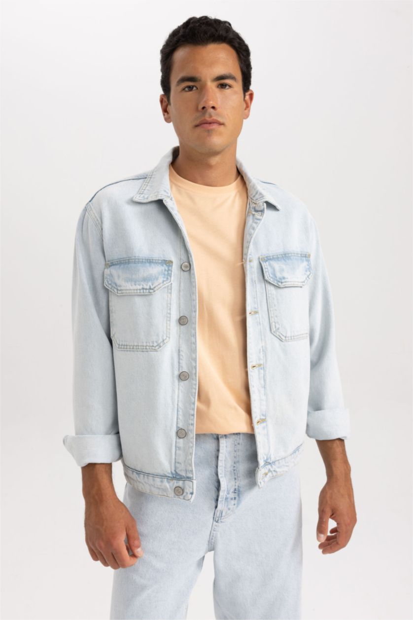 رجالي أزرق ثلجي جاكيت جينز قصة مريحة