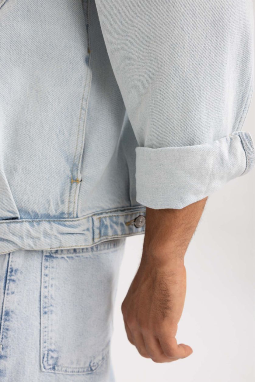 رجالي أزرق ثلجي جاكيت جينز قصة مريحة