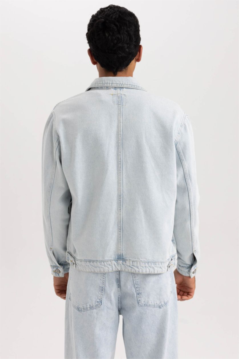 رجالي أزرق ثلجي جاكيت جينز قصة مريحة