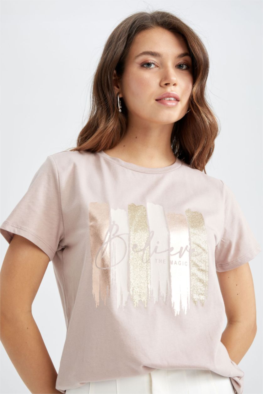 نساء وردي فاتح Regular Fit Cotton Short Sleeve T-Shirt