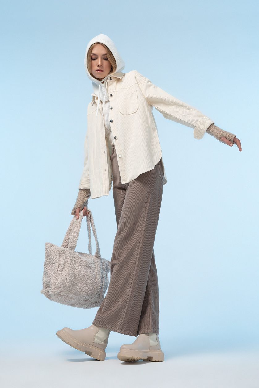 Kadın Vizon Geniş Paça Fitilli Kadife %100 Pamuk Pantolon