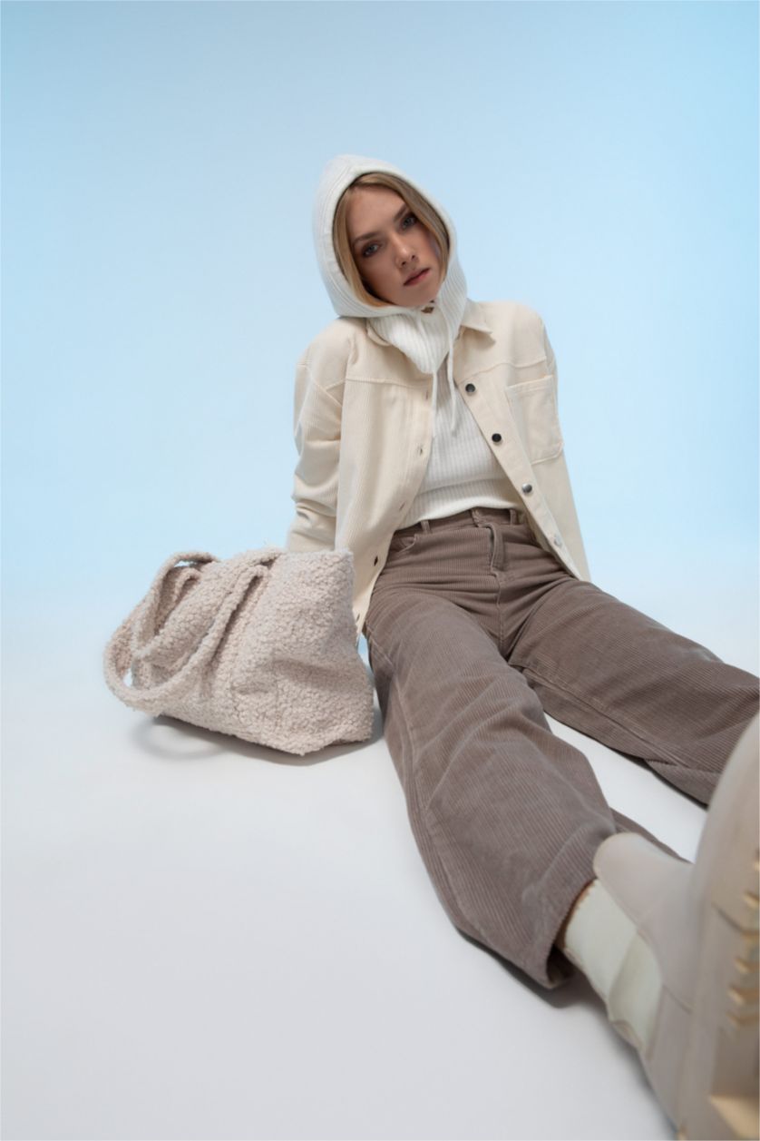 Kadın Vizon Geniş Paça Fitilli Kadife %100 Pamuk Pantolon