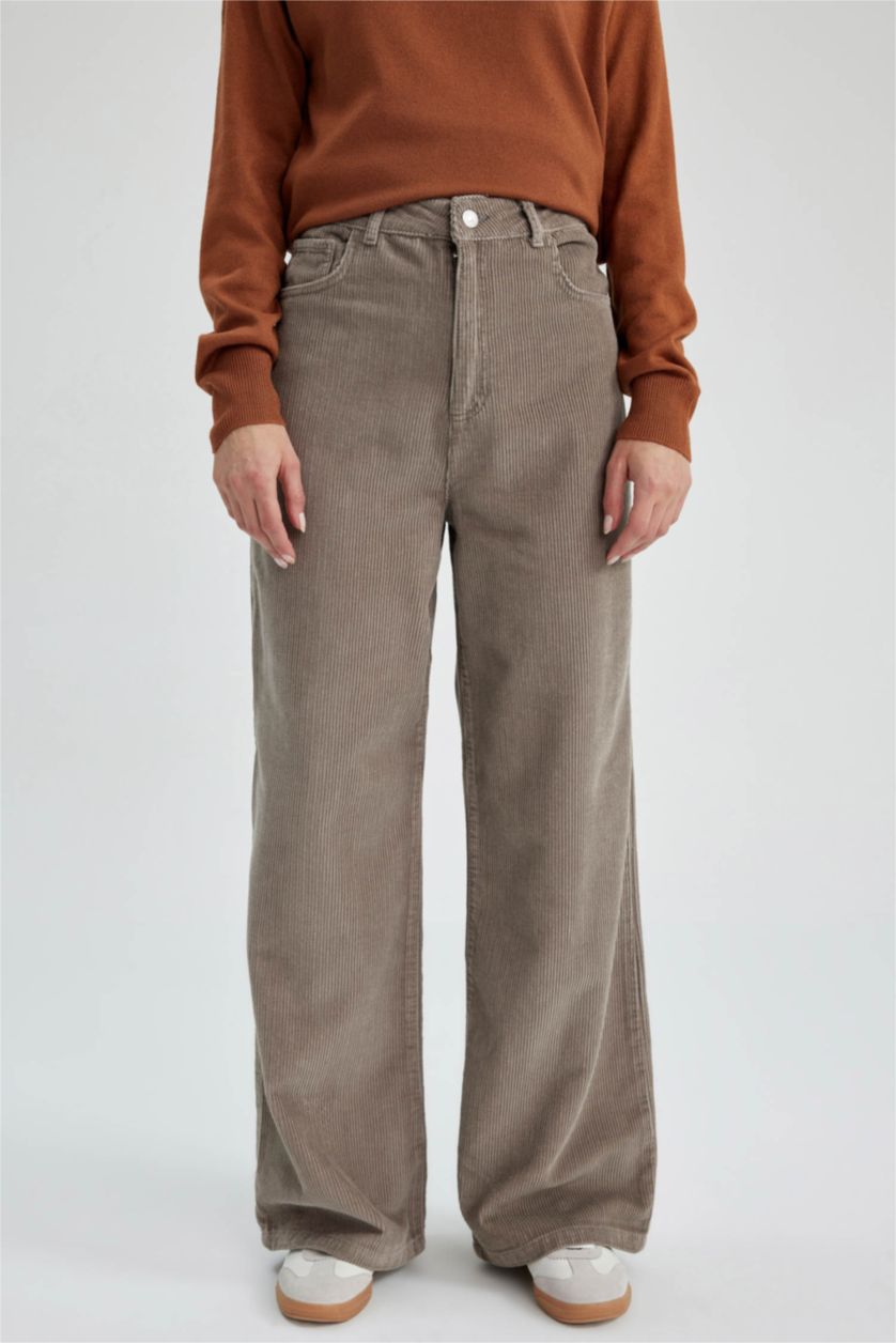 Kadın Vizon Geniş Paça Fitilli Kadife %100 Pamuk Pantolon