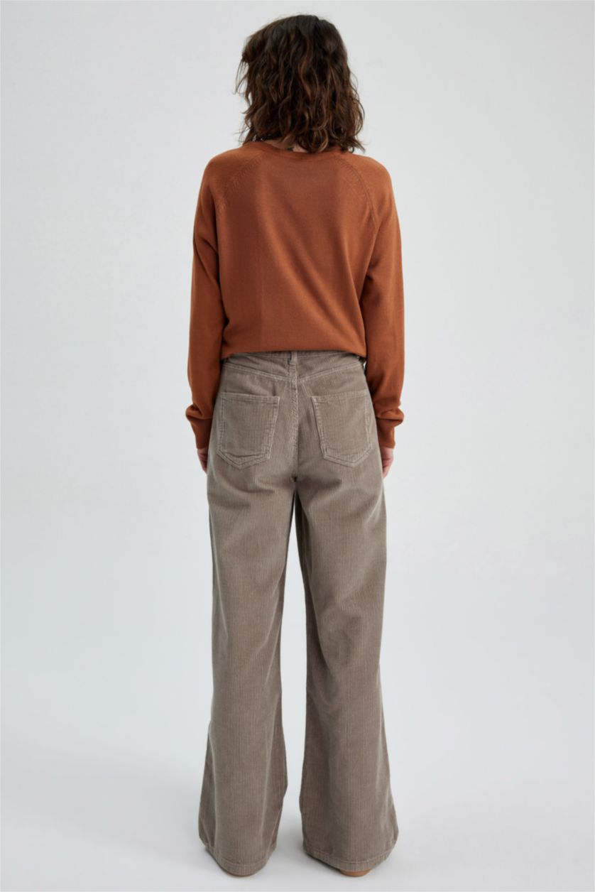 Kadın Vizon Geniş Paça Fitilli Kadife %100 Pamuk Pantolon