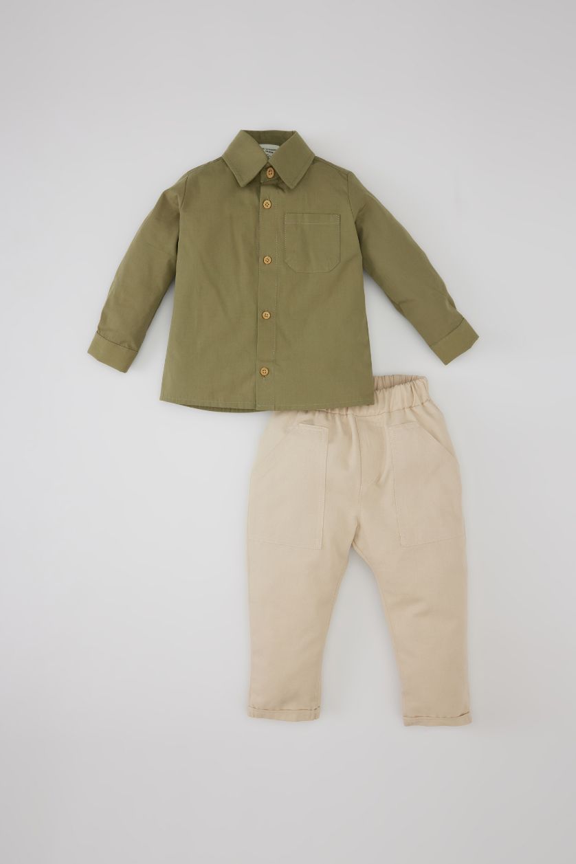 BÉBÉ GARÇON Kaki Clair Ensemble Chemise à manches longues et pantalon en twill pour bébé garçon