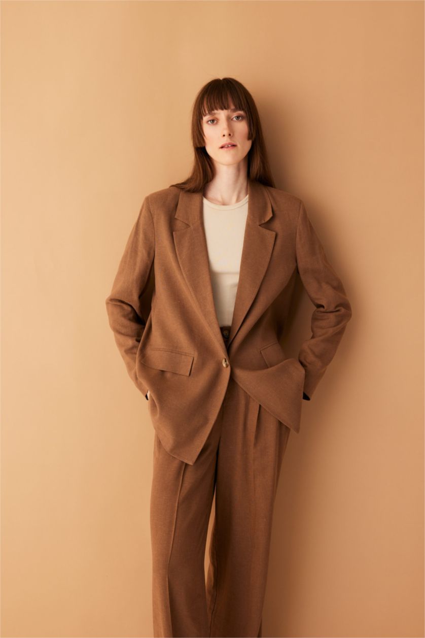 WOMAN Brown Oversize Fit Linen Blended Blazer