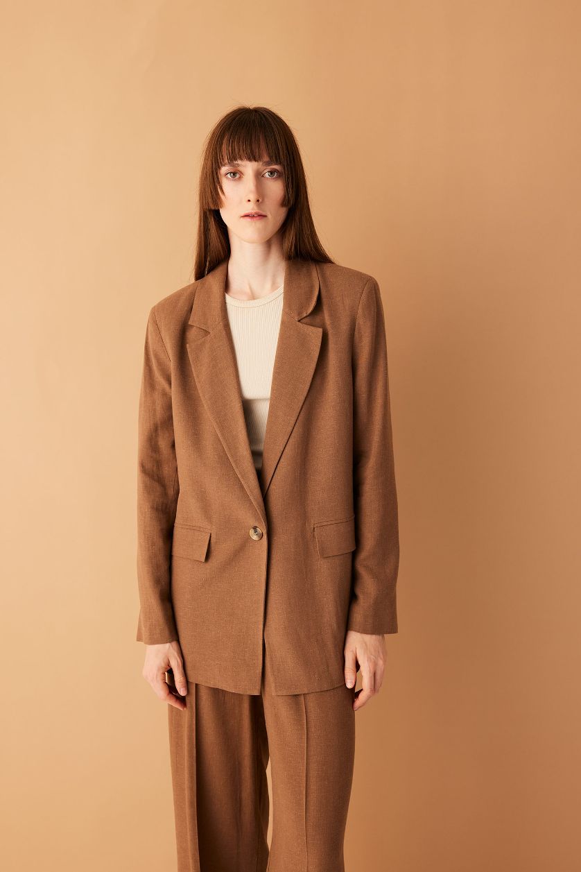 WOMAN Brown Oversize Fit Linen Blended Blazer