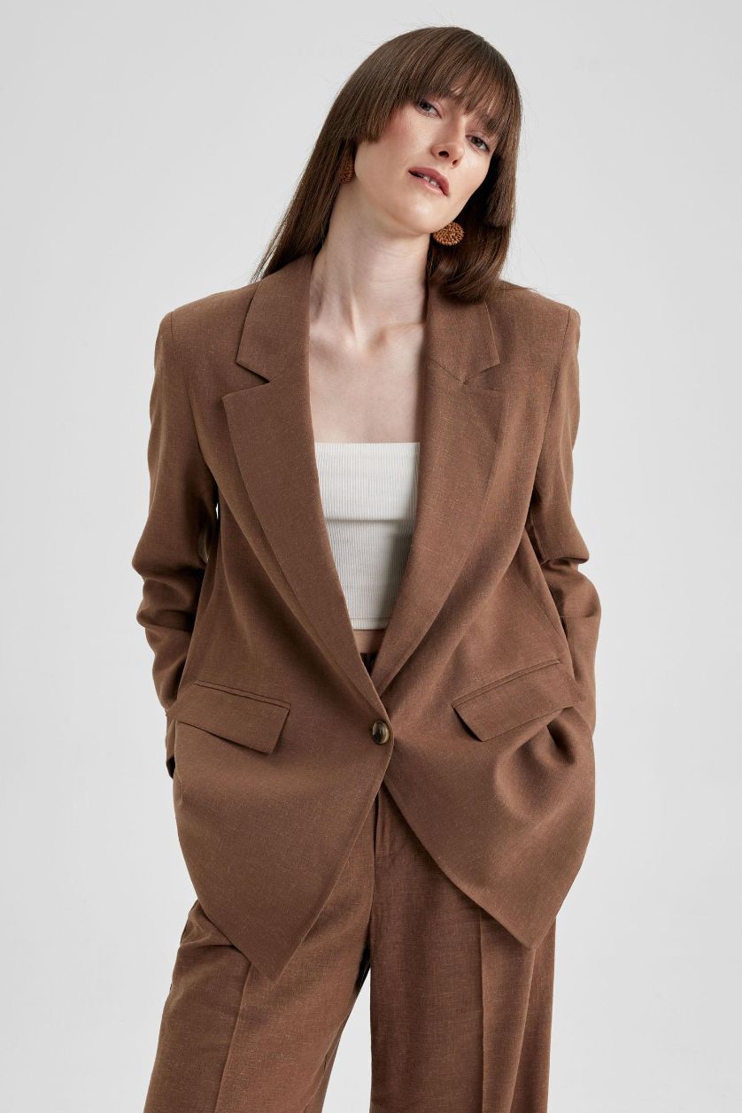 WOMAN Brown Oversize Fit Linen Blended Blazer