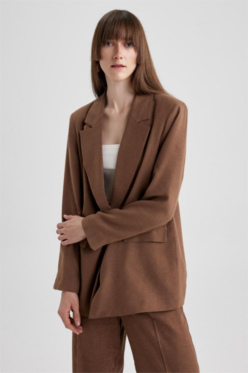 WOMAN Brown Oversize Fit Linen Blended Blazer