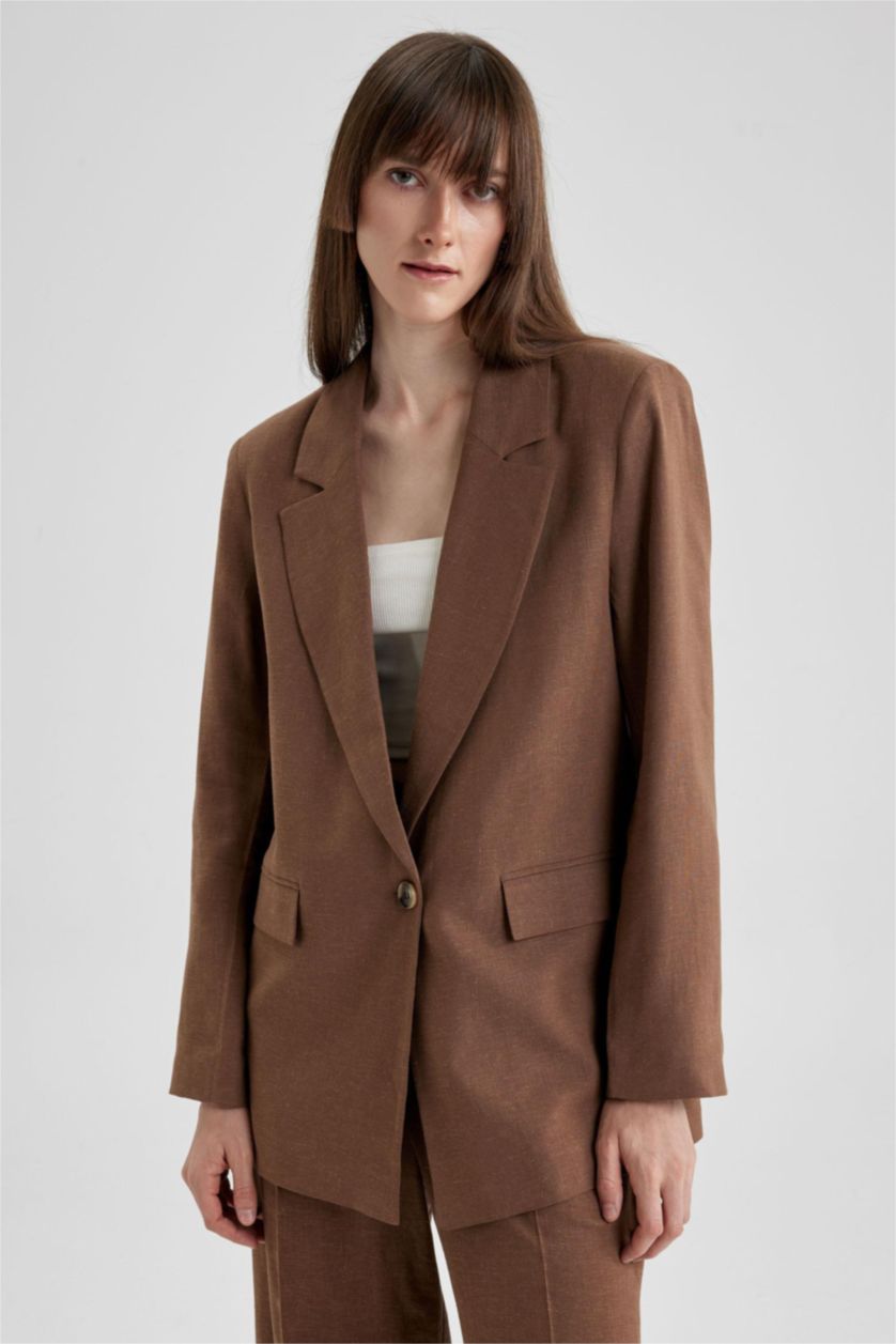 WOMAN Brown Oversize Fit Linen Blended Blazer
