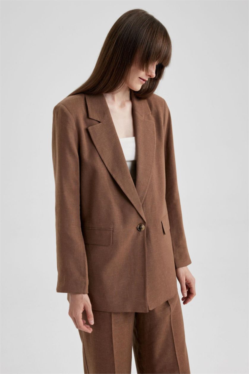 WOMAN Brown Oversize Fit Linen Blended Blazer