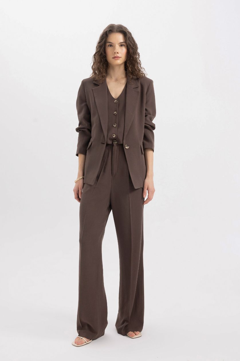 حريمي بني جاكيت بليزر بني اوفر سايز ممزوج بالكتان