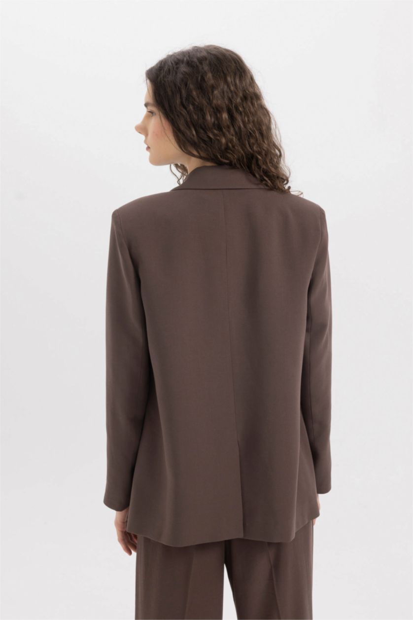 حريمي بني جاكيت بليزر بني اوفر سايز ممزوج بالكتان