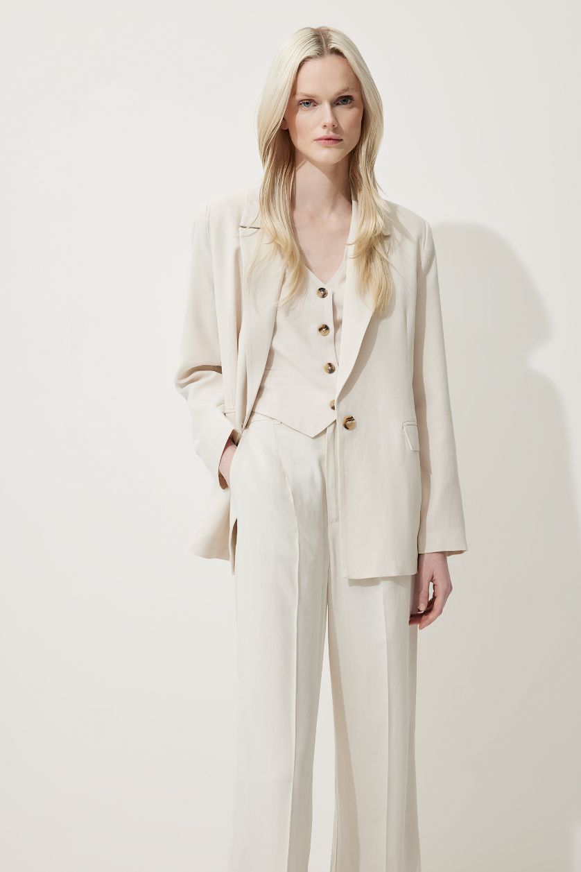 Kadın Taş Oversıze Keten Karışımlı Blazer Ceket