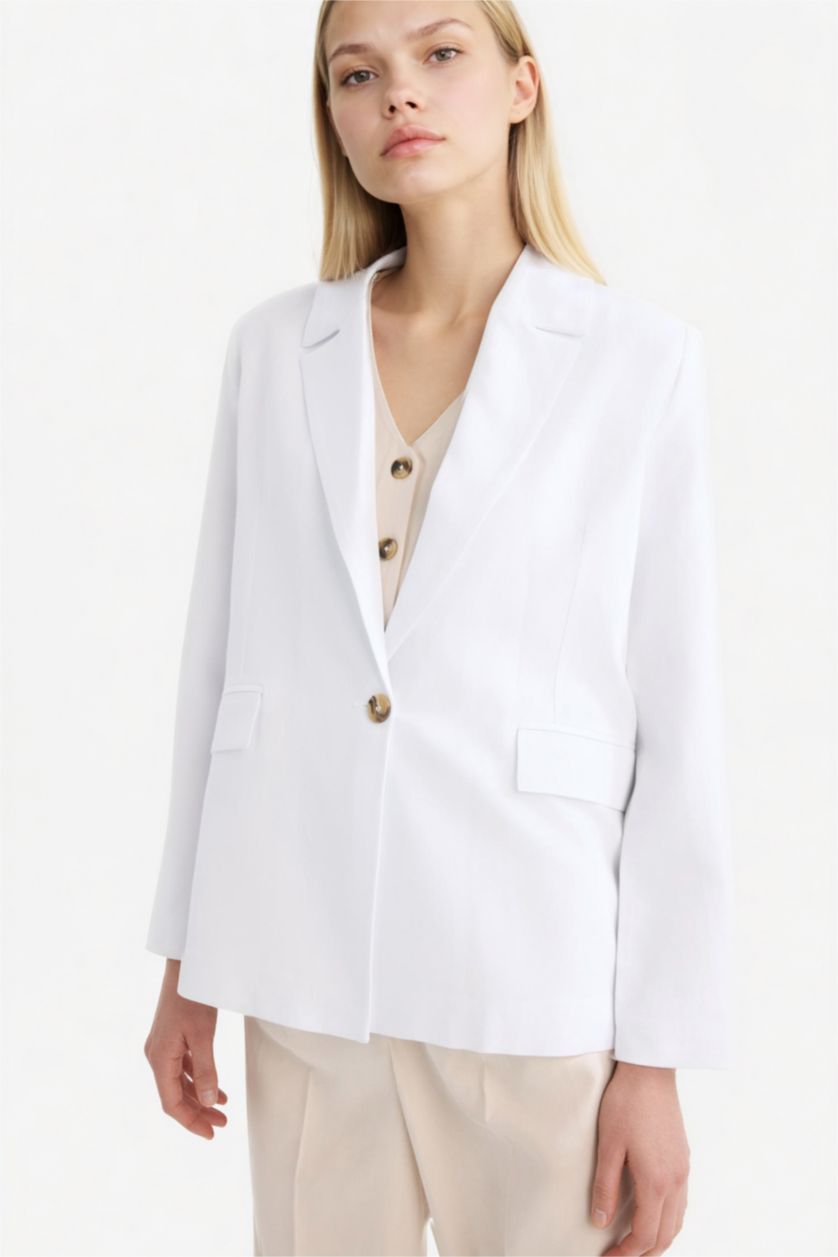 Kadın Beyaz Oversize Geniş Kalıp Keten Karışımlı Beyaz Blazer Ceket