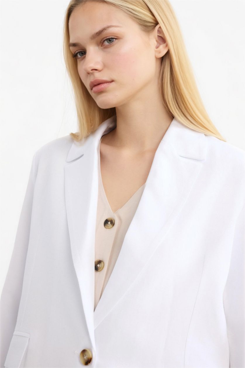 Kadın Beyaz Oversize Geniş Kalıp Keten Karışımlı Beyaz Blazer Ceket