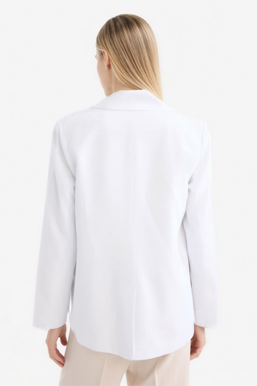 Kadın Beyaz Oversize Geniş Kalıp Keten Karışımlı Beyaz Blazer Ceket
