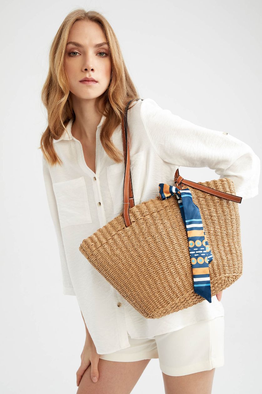 Kadın Açık Kum Hasır Omuz Çantası