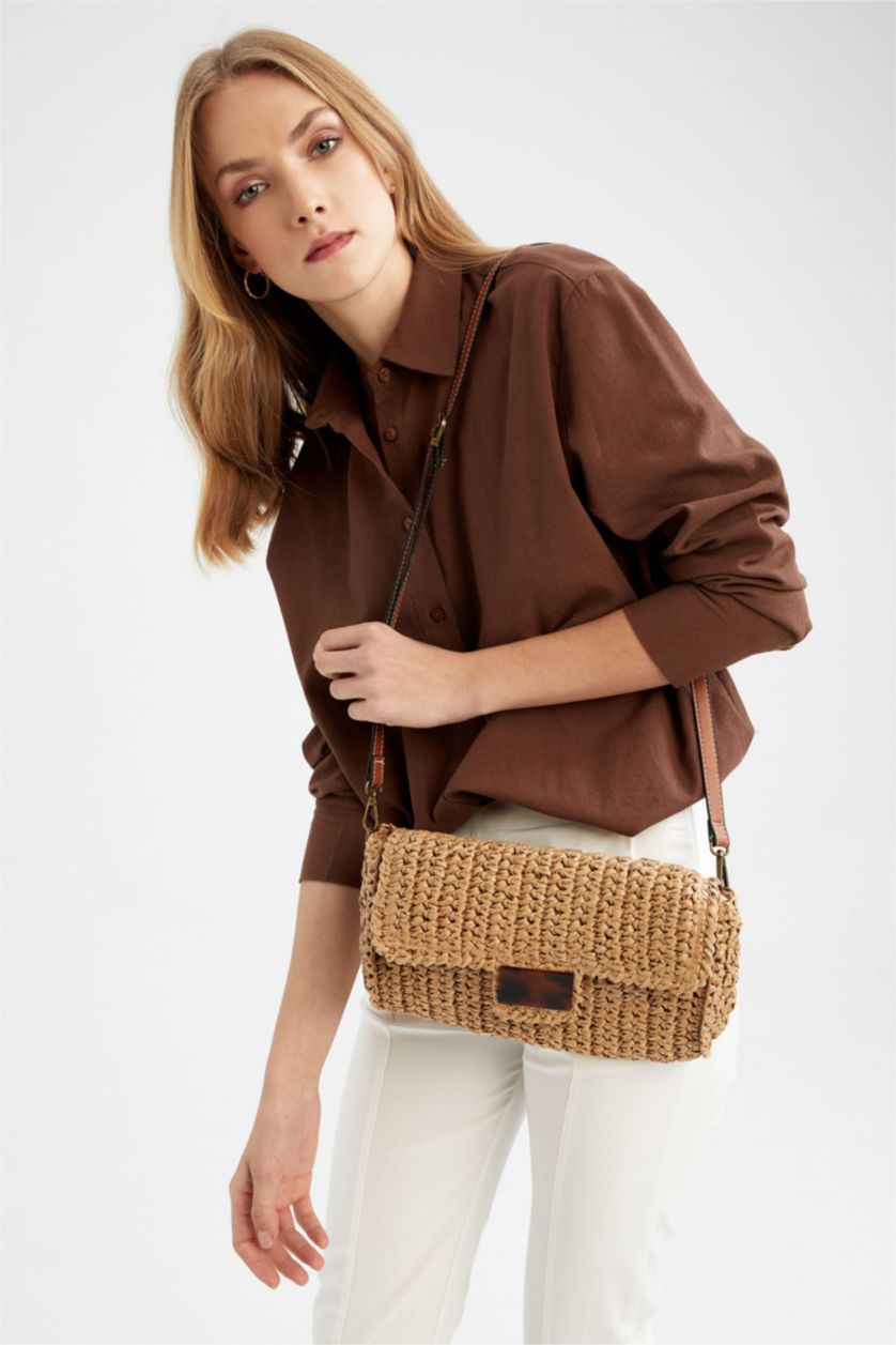 Kadın Koyu Kum Kadın Hasır Çapraz Çanta