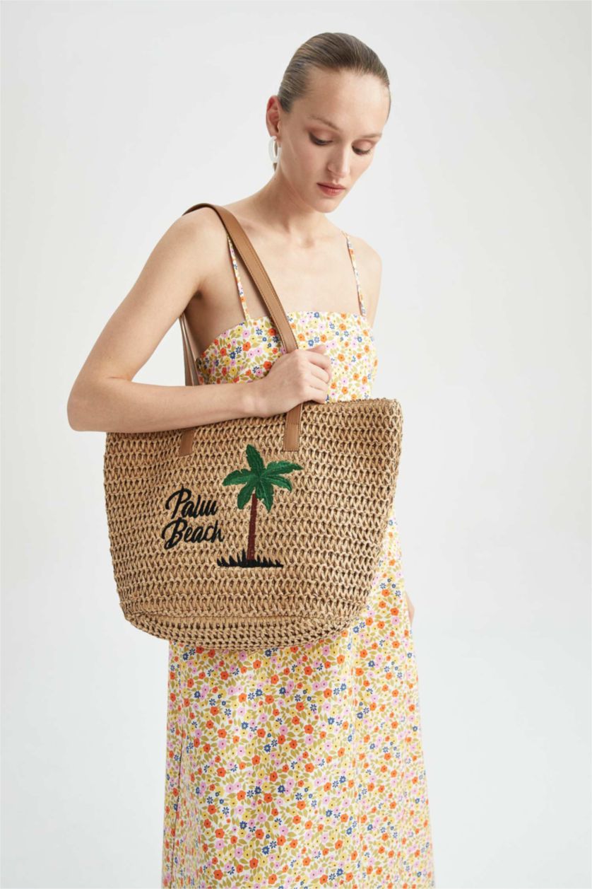 Kadın Koyu Kum Hasır Plaj Çantası