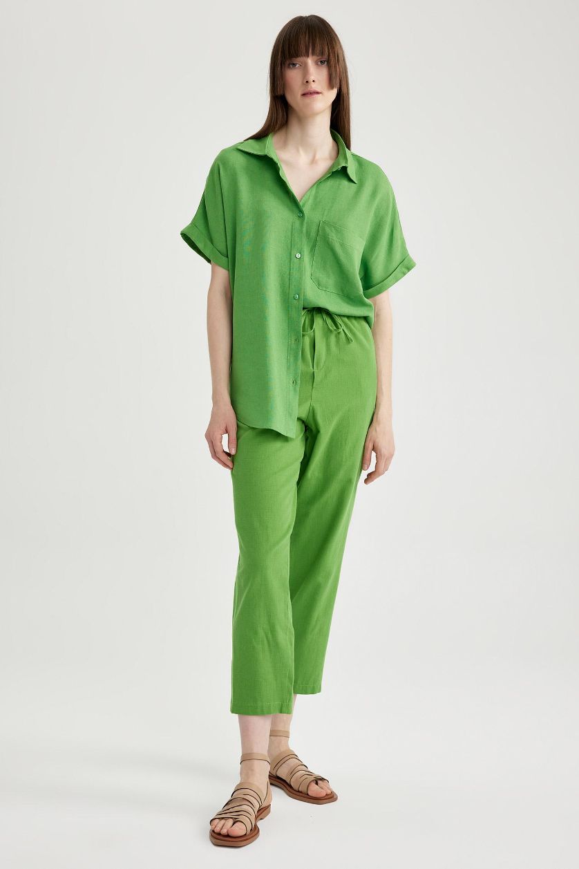 WOMAN Light Green High Waist Short Leg Linen Blend Jogger