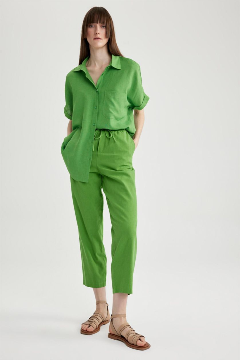 WOMAN Light Green High Waist Short Leg Linen Blend Jogger