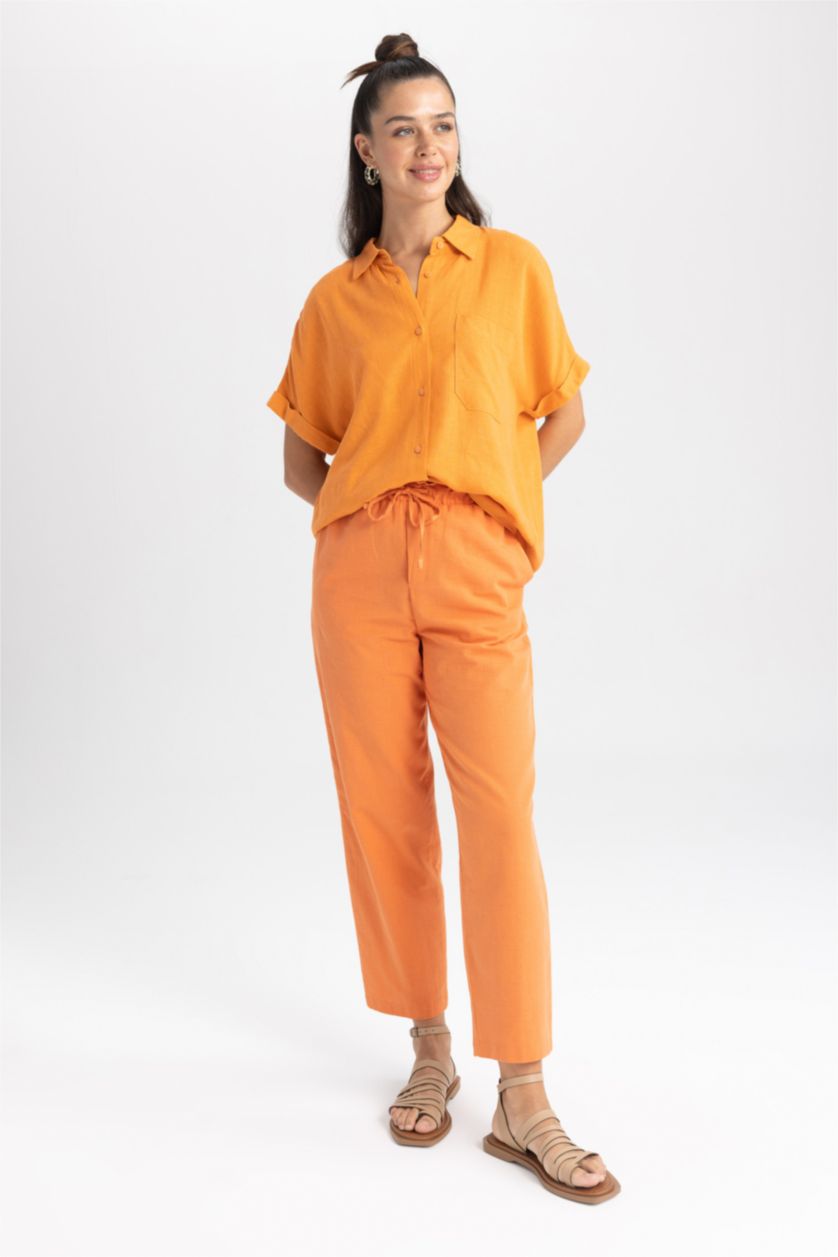 FEMME Orange Pantalon taille haute avec poches en lin mélangé