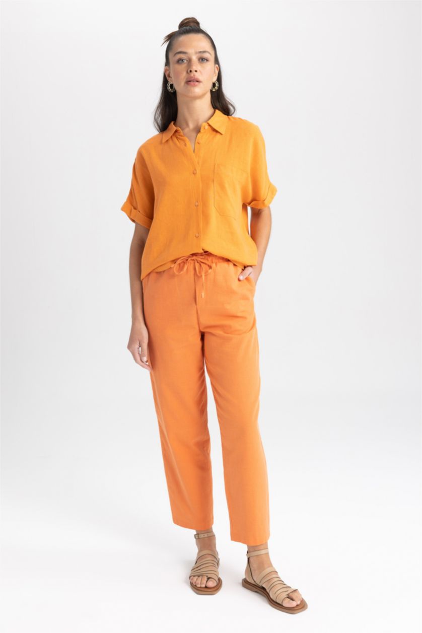 FEMME Orange Pantalon taille haute avec poches en lin mélangé