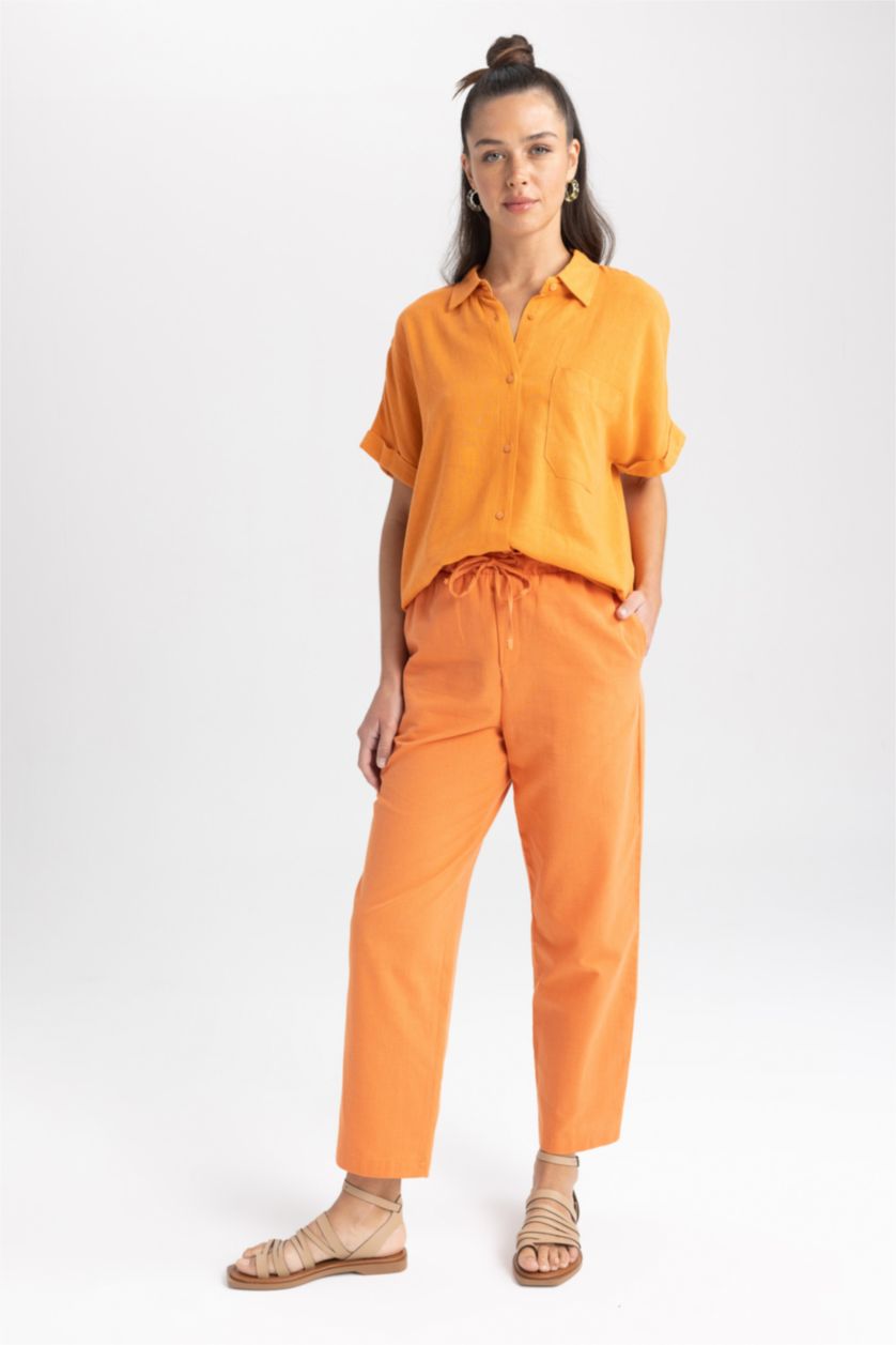 FEMME Orange Pantalon taille haute avec poches en lin mélangé