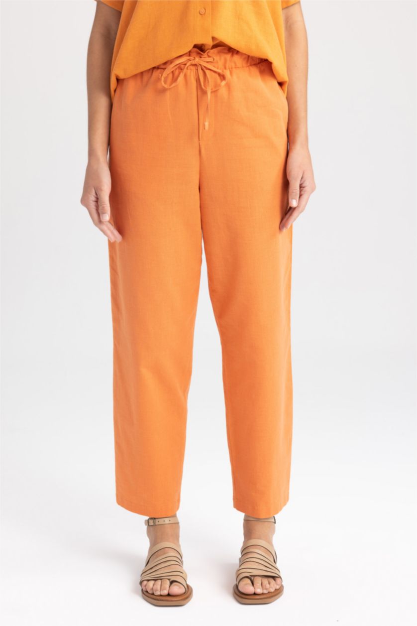 FEMME Orange Pantalon taille haute avec poches en lin mélangé