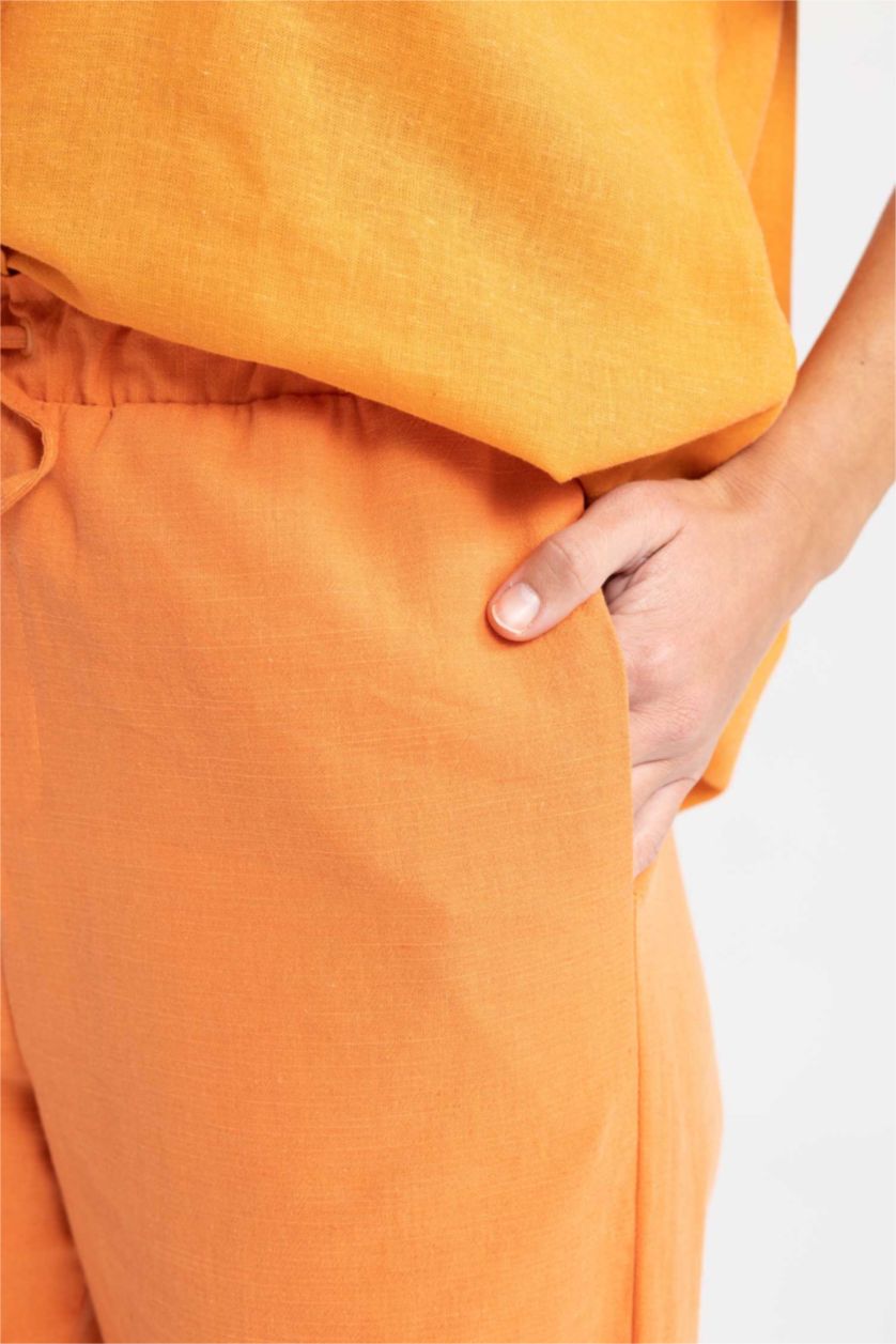FEMME Orange Pantalon taille haute avec poches en lin mélangé