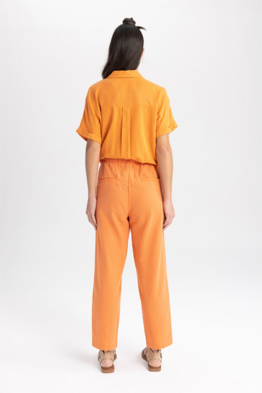 FEMME Orange Pantalon taille haute avec poches en lin mélangé