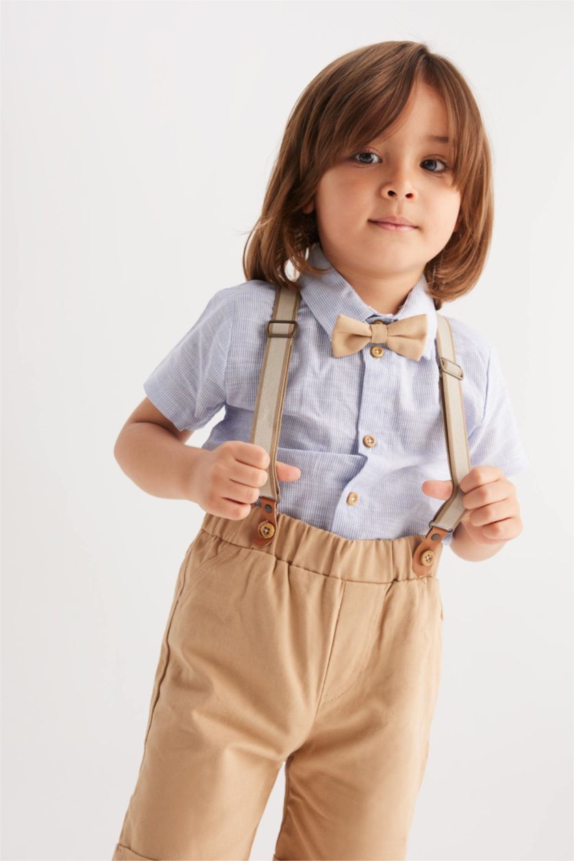 Erkek Bebek Açık Mavi Erkek Bebek Çizgili Gömlek Şort Askı Papyon 4'lü Takım