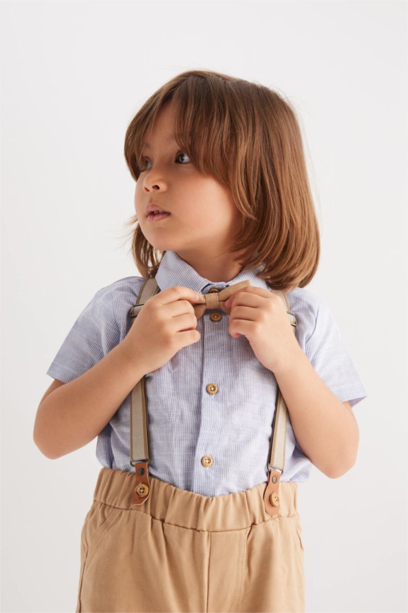 Erkek Bebek Açık Mavi Erkek Bebek Çizgili Gömlek Şort Askı Papyon 4'lü Takım