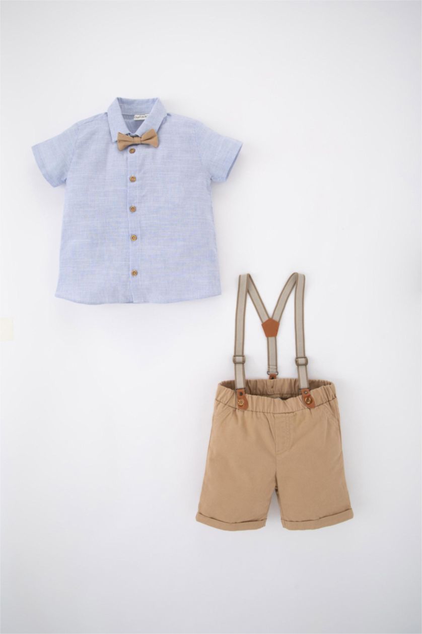 Erkek Bebek Açık Mavi Erkek Bebek Çizgili Gömlek Şort Askı Papyon 4'lü Takım
