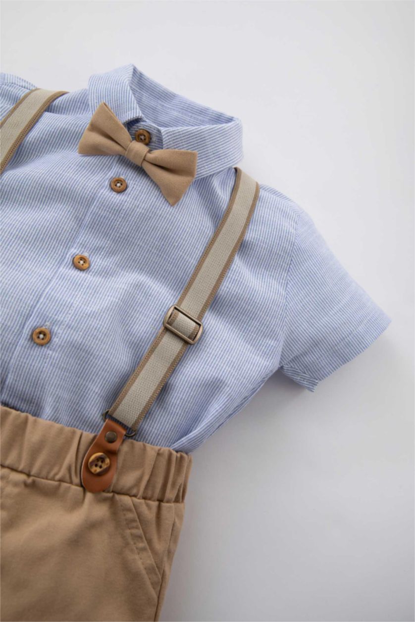 Erkek Bebek Açık Mavi Erkek Bebek Çizgili Gömlek Şort Askı Papyon 4'lü Takım