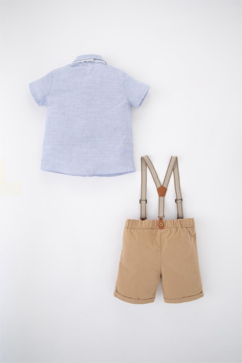 Erkek Bebek Açık Mavi Erkek Bebek Çizgili Gömlek Şort Askı Papyon 4'lü Takım