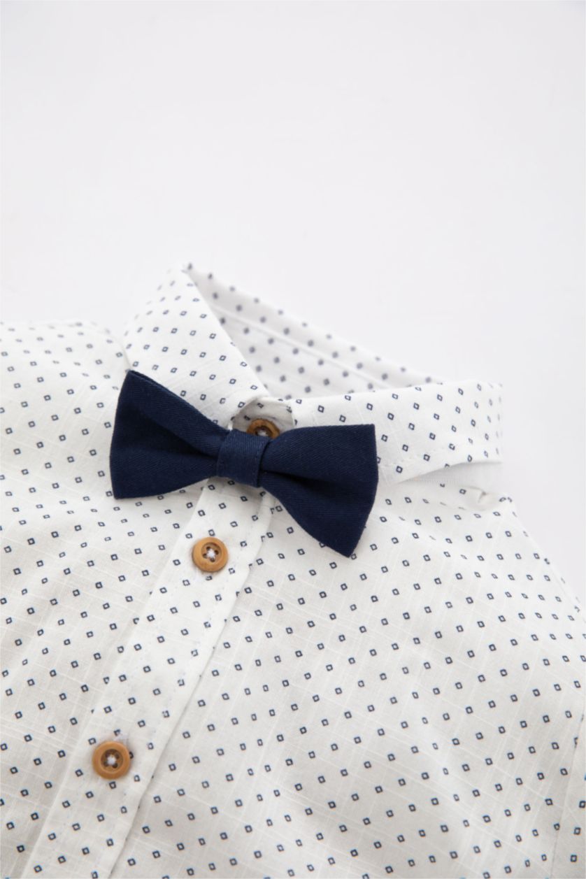 طفل صغير بيج فاتح طقم ولادي مطبوع من التويل بياقة قميص - 3 قطع