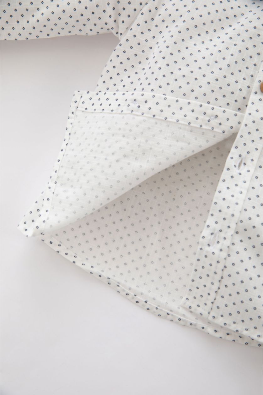 طفل صغير بيج فاتح طقم ولادي مطبوع من التويل بياقة قميص - 3 قطع